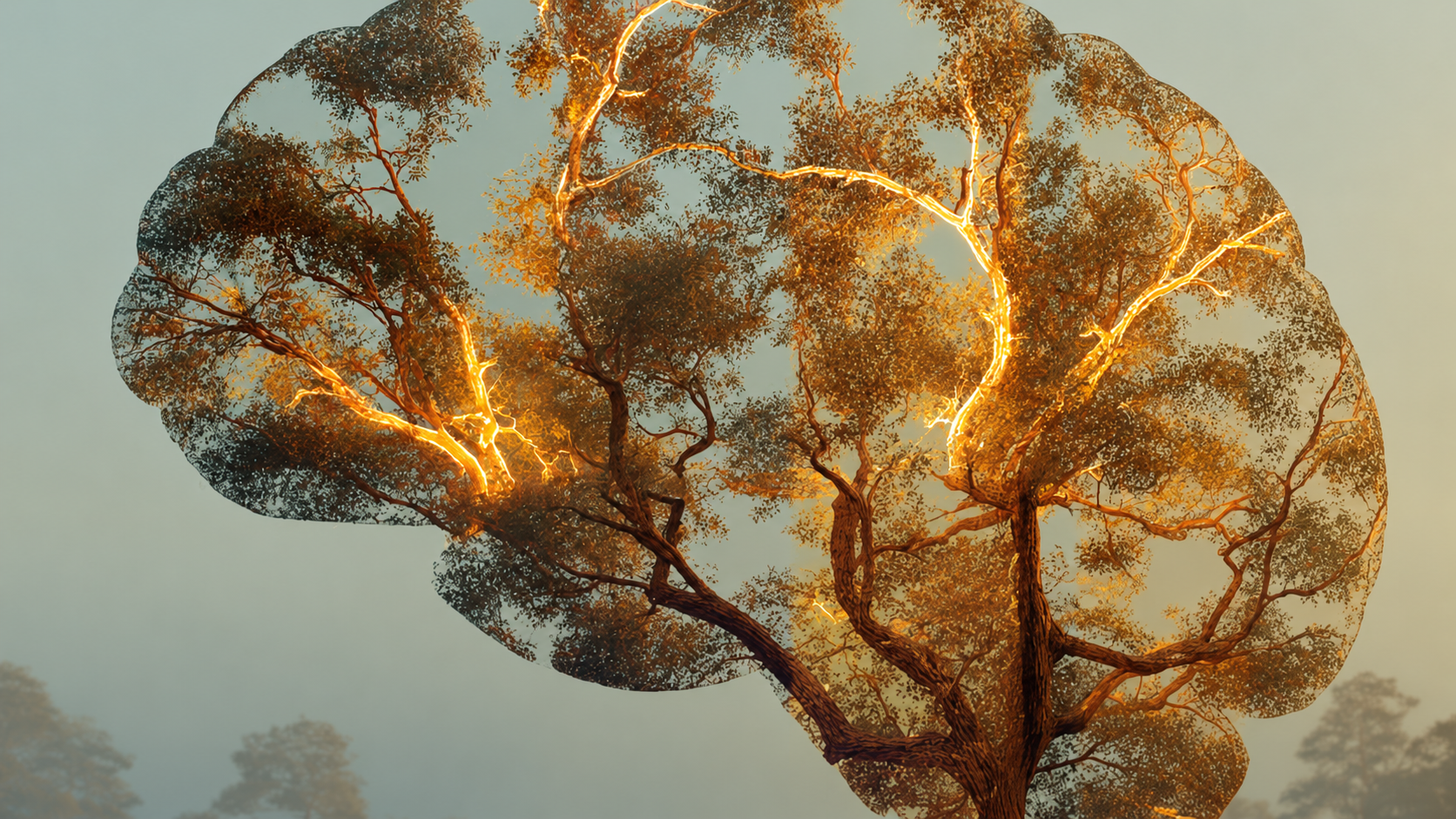 A luminous tree growing in the shape of a human brain